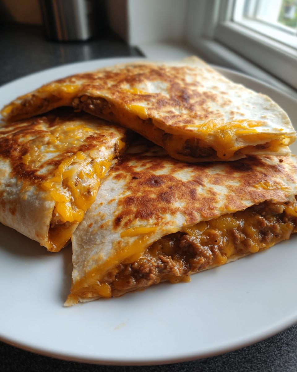 Three golden brown Beef Quesadillas filled with seasoned ground beef and melted cheddar cheese, served on a white plate.