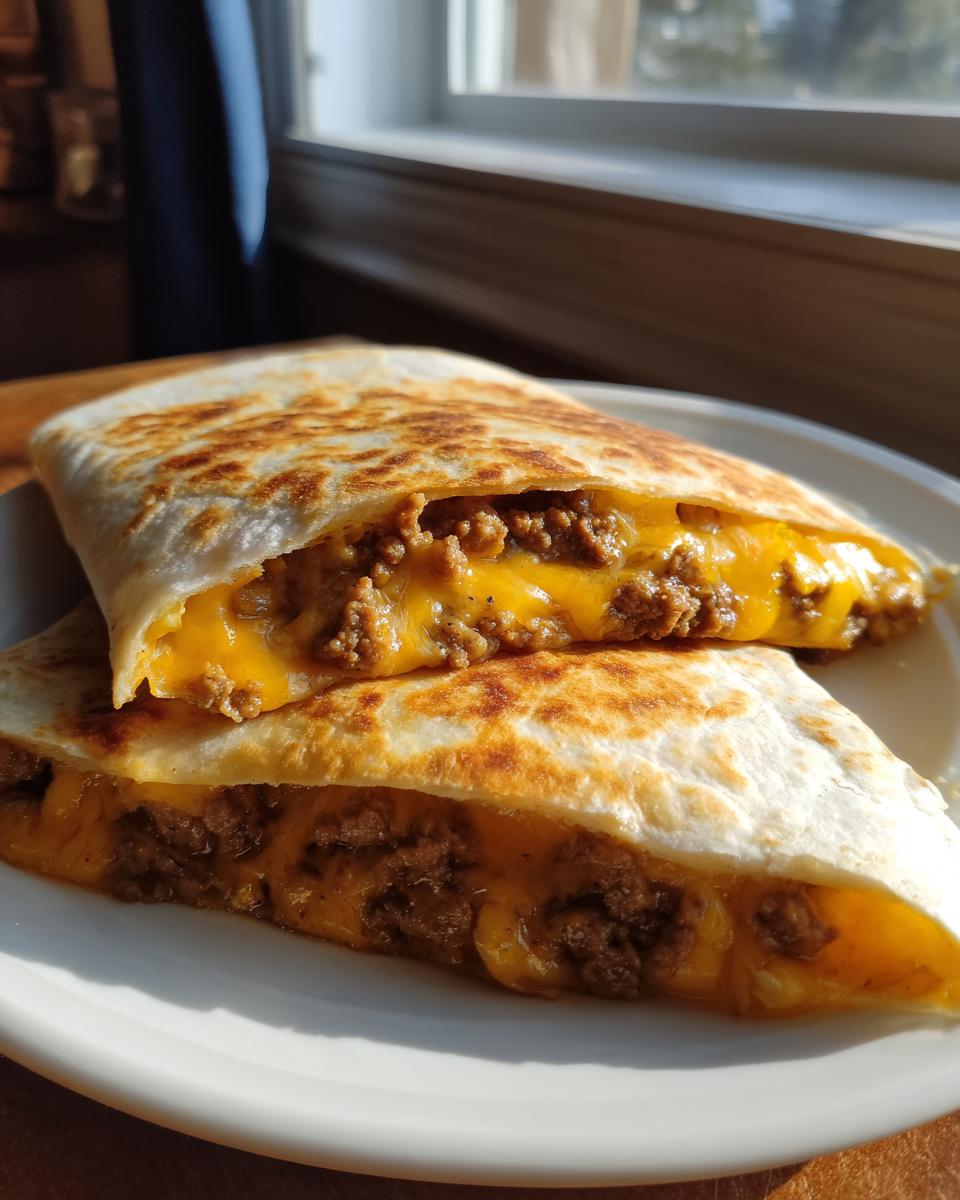 Close-up of two halves of a cheesy beef quesadilla, showcasing the seasoned ground beef and melted cheddar cheese.