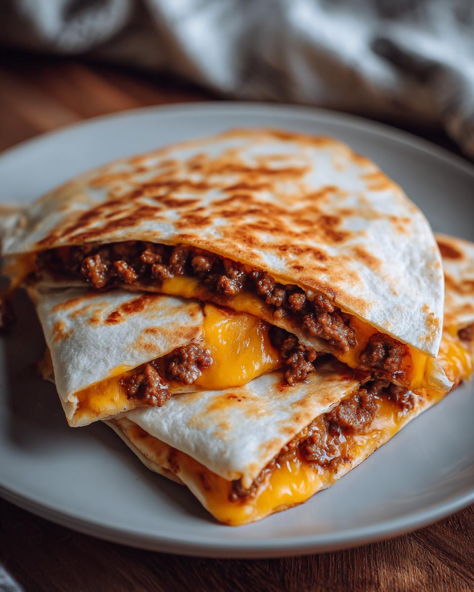 Close-up of golden-brown Beef Quesadillas filled with seasoned ground beef and melted cheddar cheese.