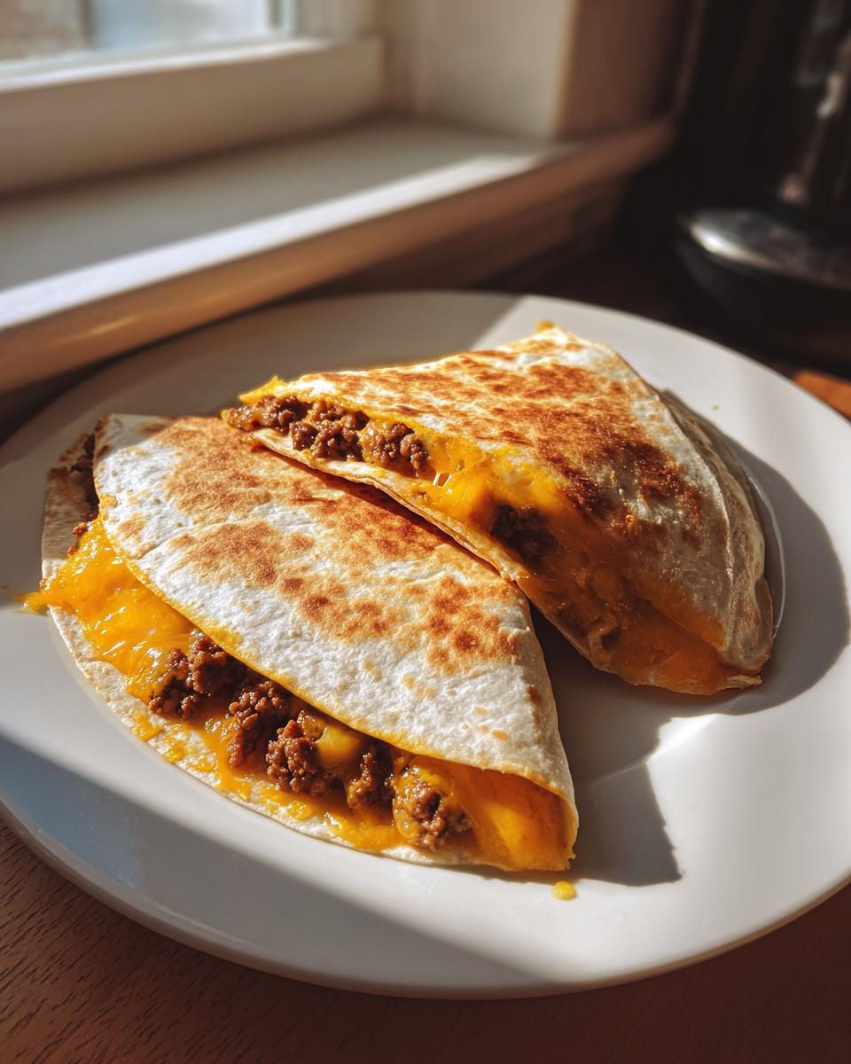 Two halves of a golden-brown beef quesadilla filled with seasoned ground beef and melted cheese, served on a white plate.