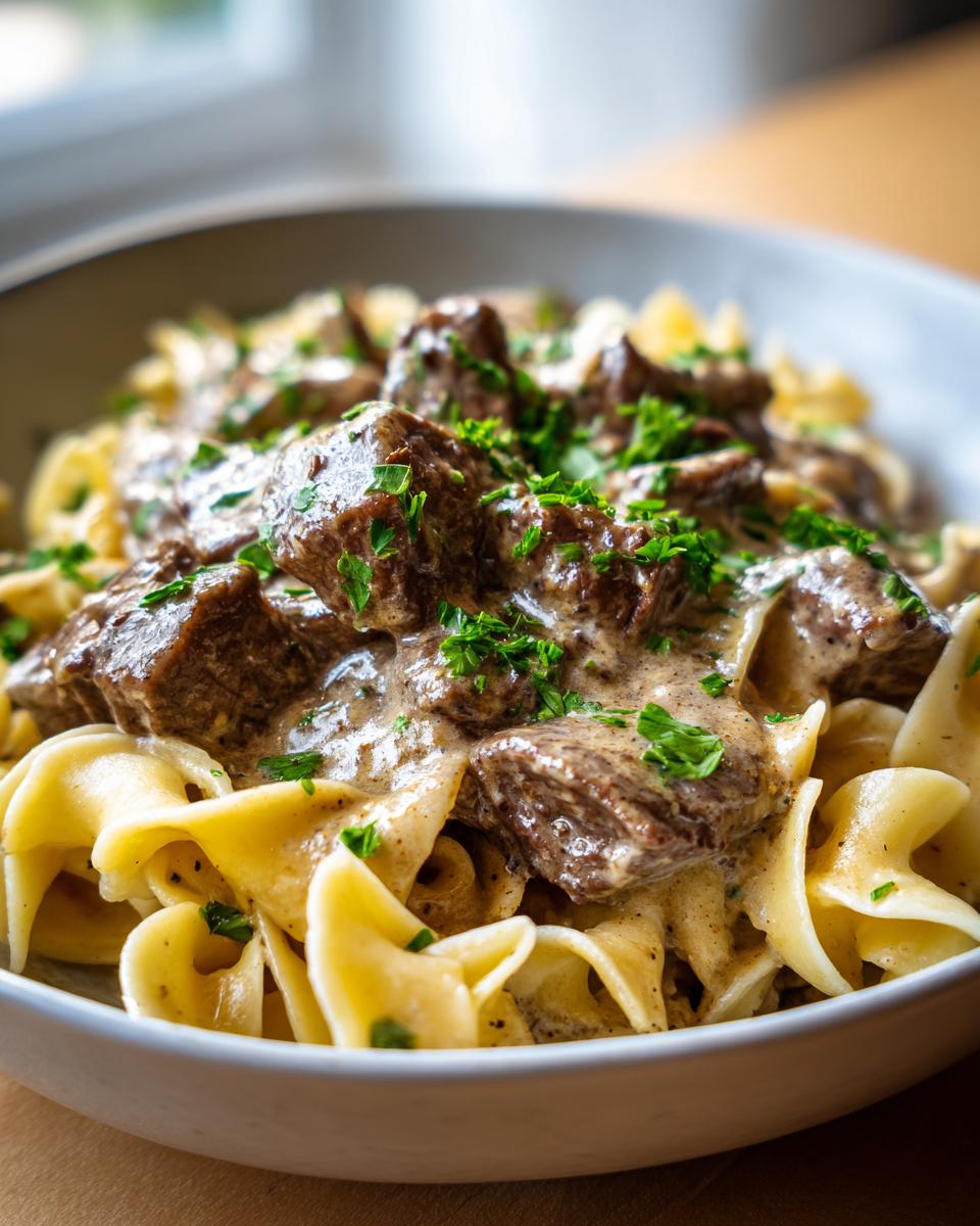 A close-up view of hearty Beef Stroganoff With Egg Noodles in a creamy sauce, garnished with fresh parsley.