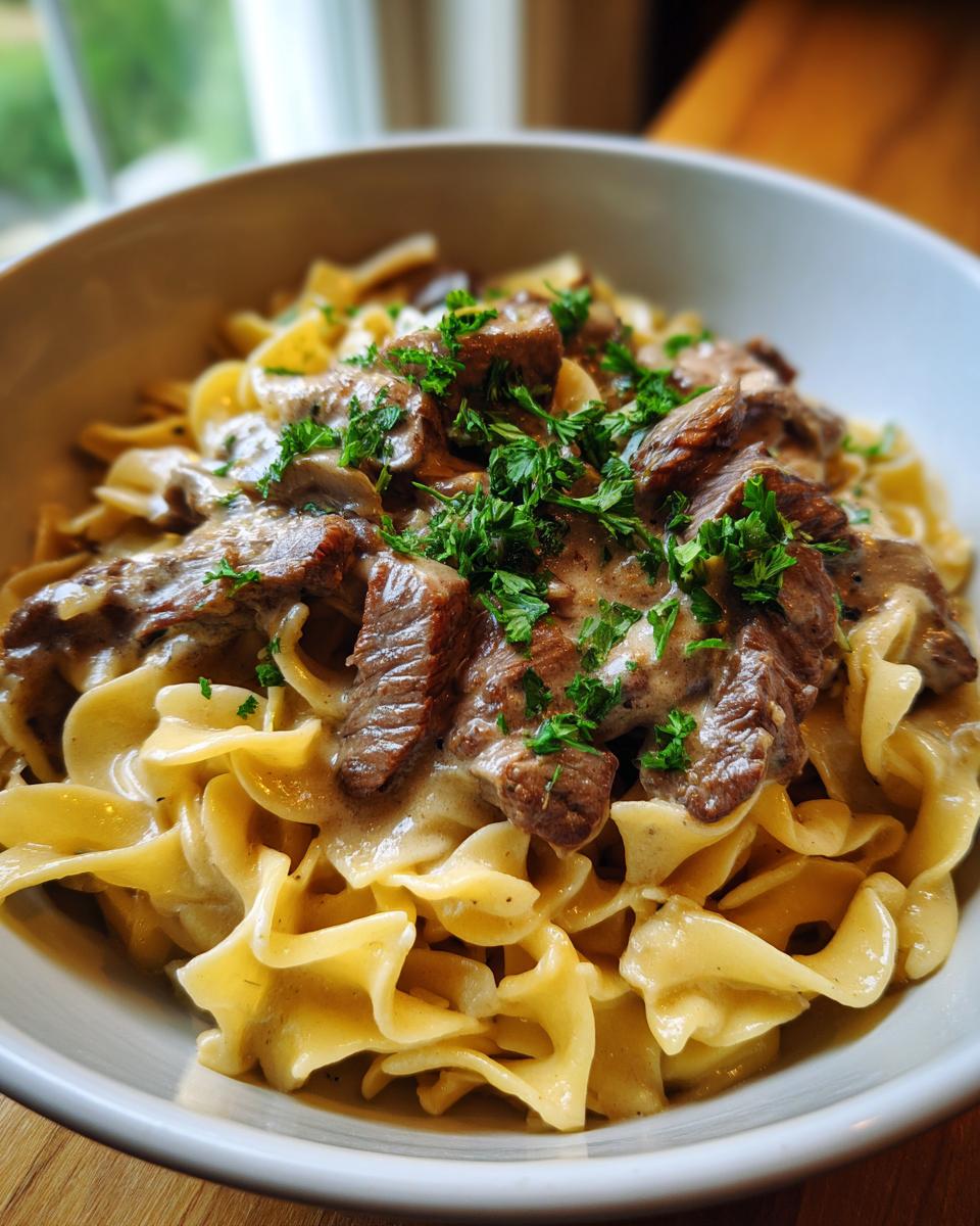 A close-up of a bowl of Beef Stroganoff With Egg Noodles, featuring tender beef strips and mushrooms in a creamy sauce over wide egg noodles, garnished with fresh parsley.