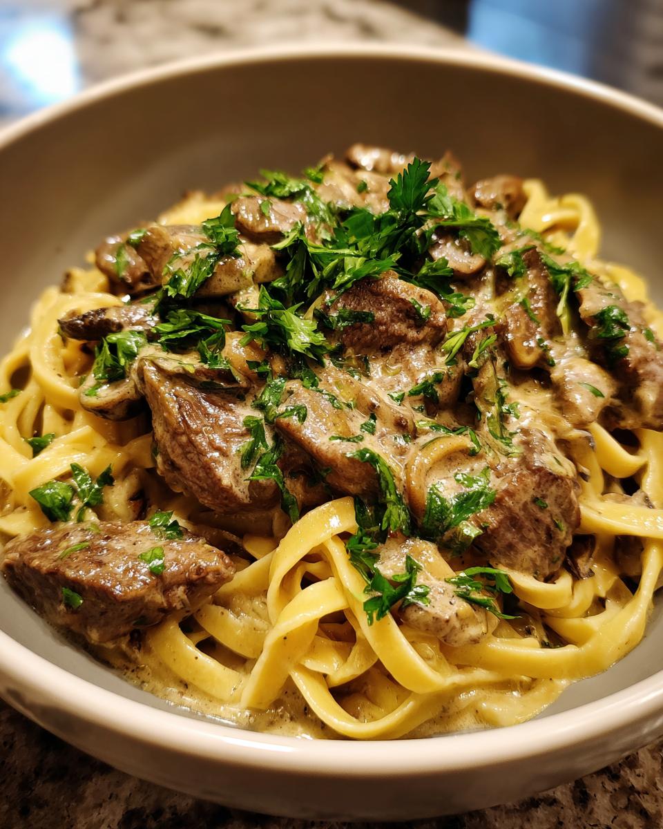 A close-up view of a bowl filled with Beef Stroganoff With Egg Noodles, topped with fresh parsley.