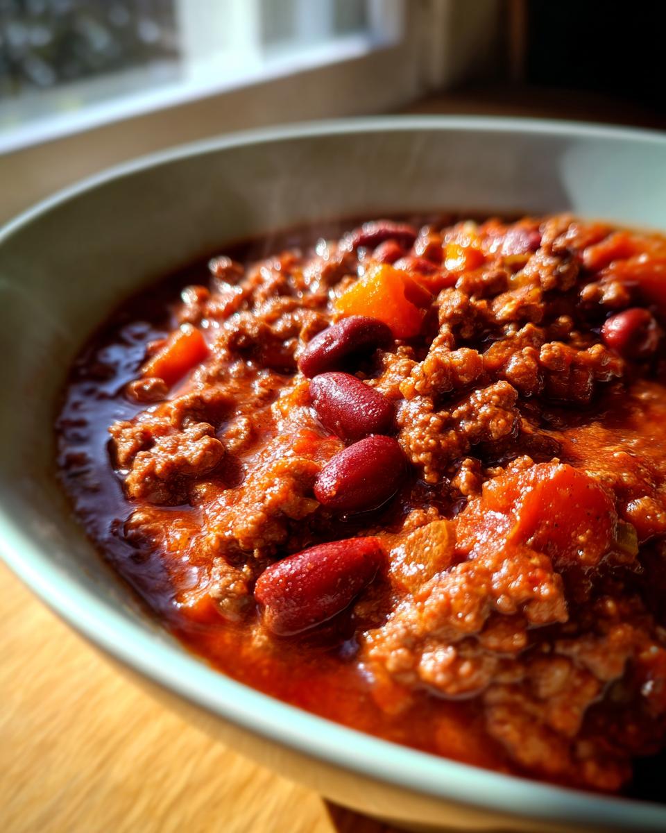 A close-up of a steaming bowl of Best Chili Con Carne, featuring ground beef, kidney beans, and a rich tomato sauce.
