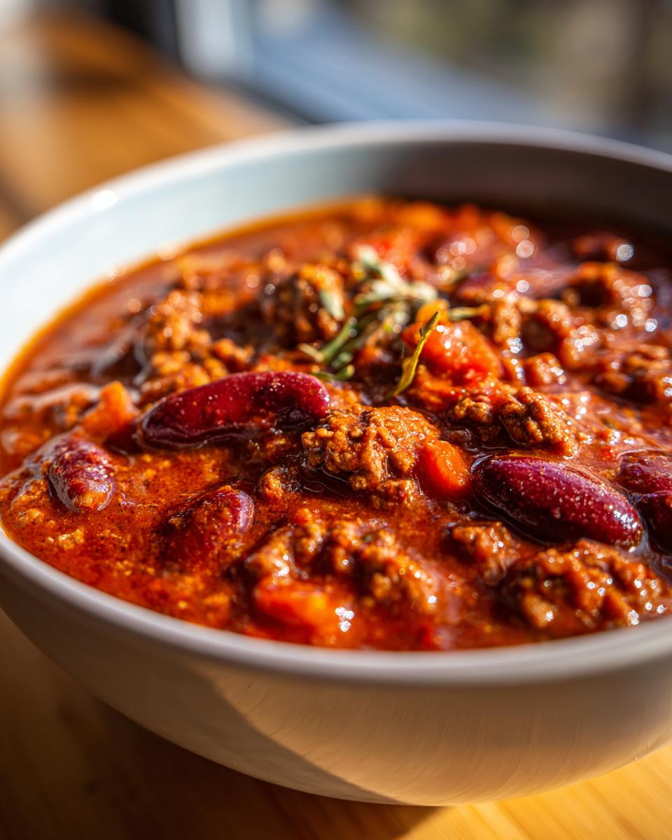 A close-up shot of a steaming bowl of Best Chili Con Carne, featuring kidney beans, ground beef, and a rich tomato sauce.