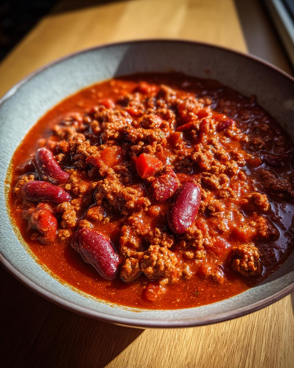 A close-up of a bowl filled with hearty Best Chili Con Carne, featuring ground beef, kidney beans, and a rich tomato sauce.