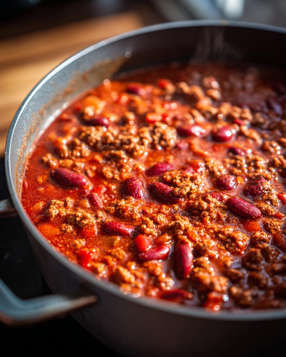 Close-up of the Best Chili Con Carne bubbling in a pot, showing ground beef and kidney beans in a rich tomato sauce.