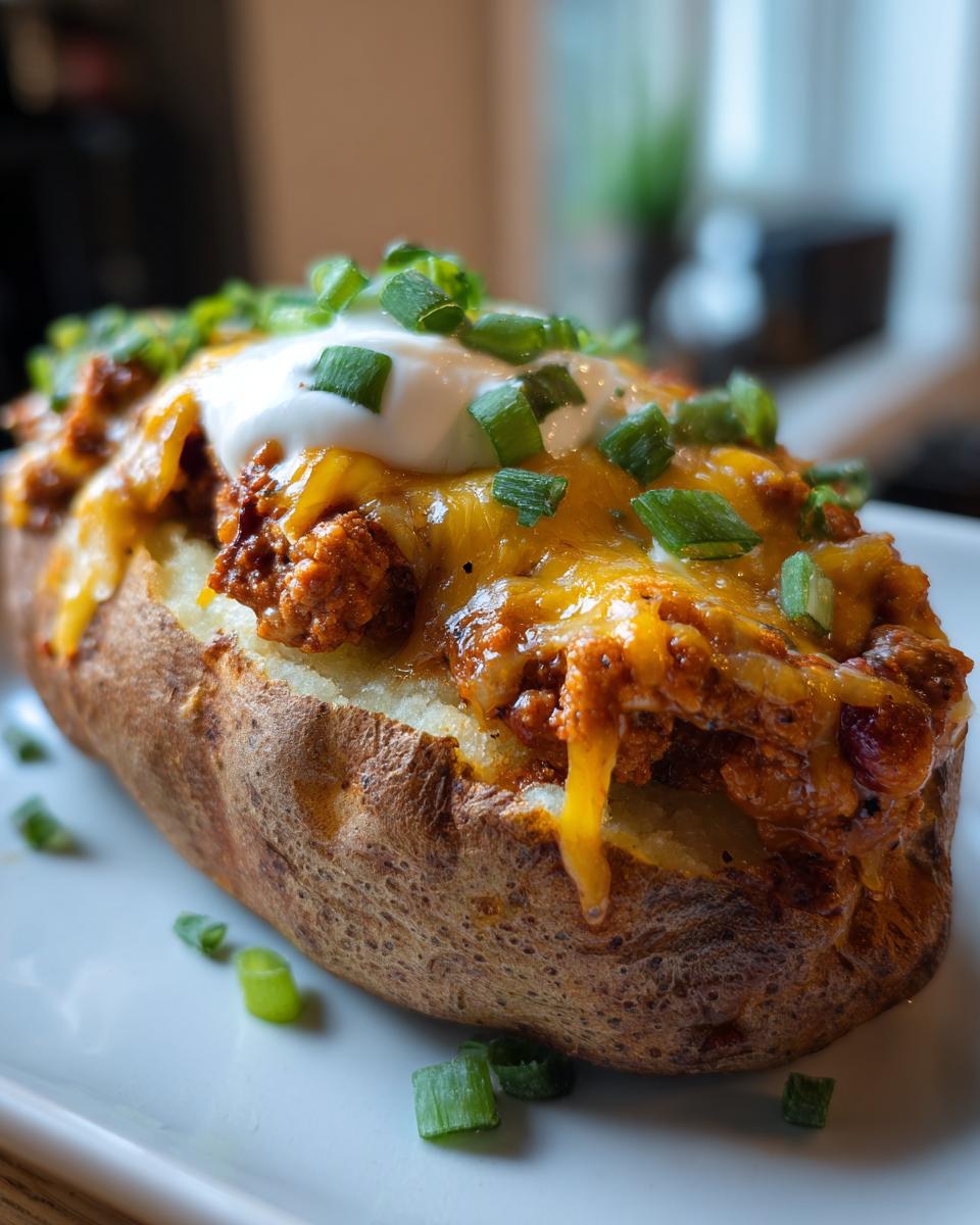 A close-up of the Best Chili Stuffed Baked Potato, topped with melted cheese, sour cream, and green onions.