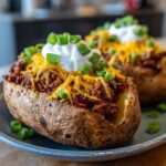 Close-up of two Best Chili Stuffed Baked Potatoes topped with shredded cheese, sour cream, and green onions.