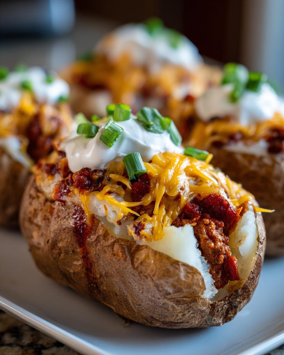 Close-up of a Best Chili Stuffed Baked Potato, topped with cheese, sour cream, and green onions.