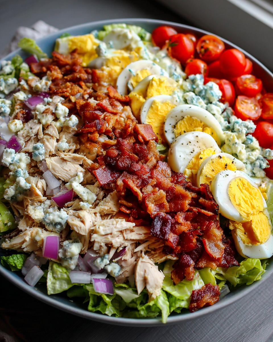 A vibrant and loaded Cobb Salad with Ranch Dressing, featuring chicken, bacon, eggs, tomatoes, blue cheese, and red onion.