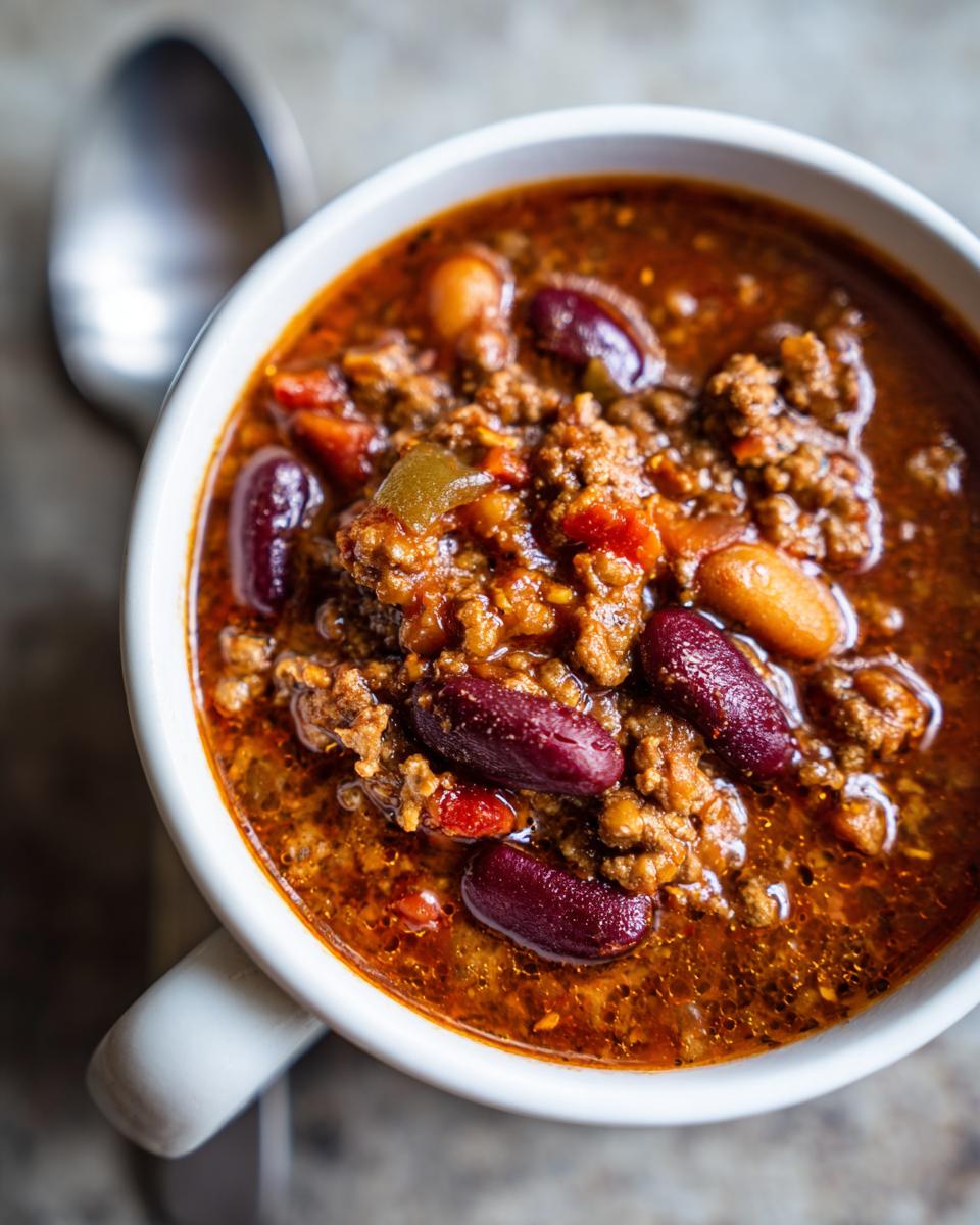 A close-up overhead view of a hearty bowl of Best Instant Pot Chili, filled with ground meat, beans, and a rich tomato broth. A spoon rests to the side.