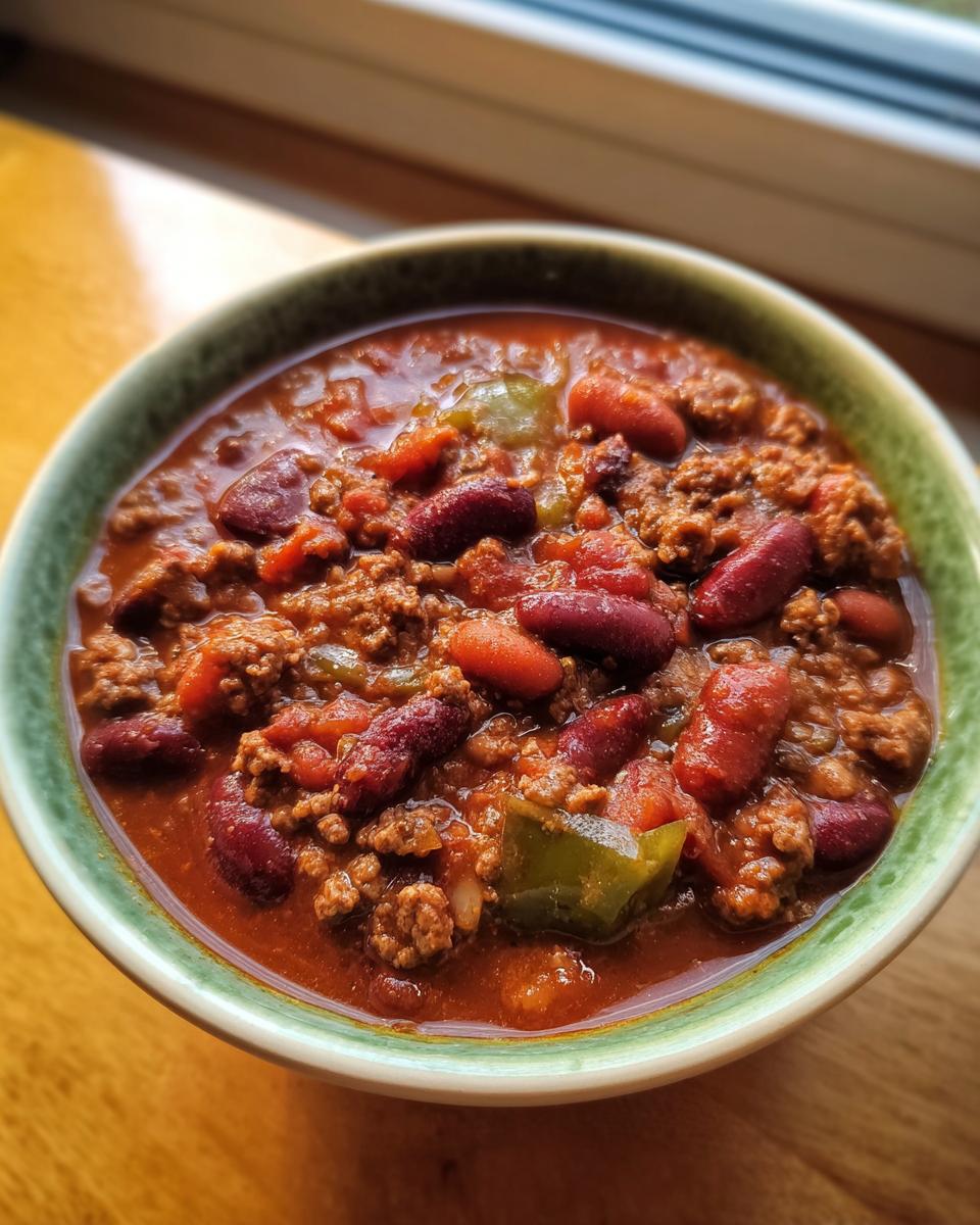 A close-up of a hearty bowl of Best Instant Pot Chili, featuring ground beef, kidney beans, and green peppers in a rich tomato sauce.