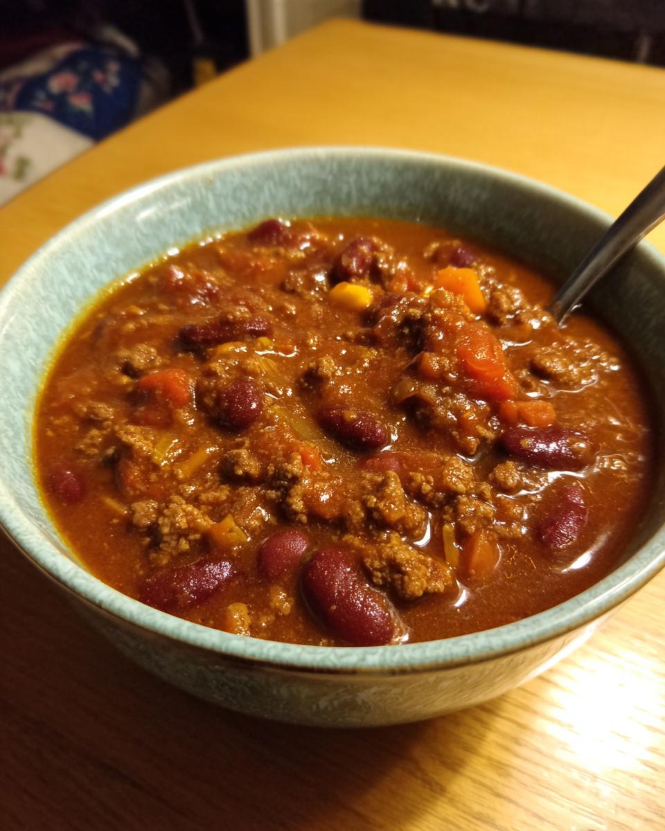A close-up of a hearty bowl of Best Instant Pot Chili, featuring kidney beans, ground beef, and chunks of tomato.