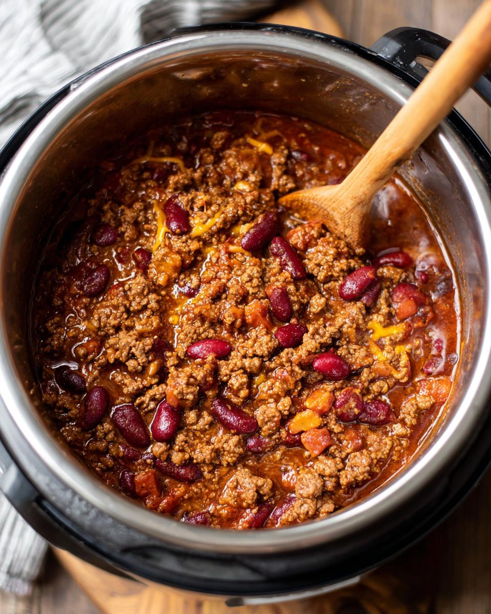 Close-up of Best Instant Pot Chili in the pot, featuring ground beef, kidney beans, and melted cheese, with a wooden spoon.