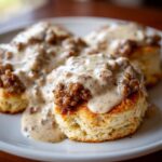 Close-up of fluffy biscuits generously topped with creamy sausage gravy.