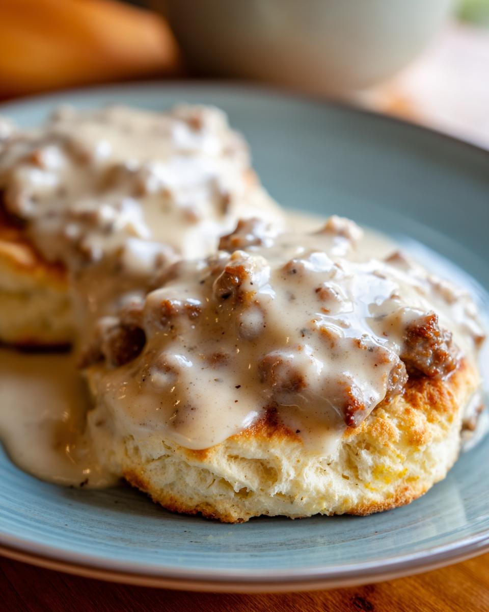 Close-up of fluffy biscuits smothered in creamy sausage gravy, a classic Biscuits and Sausage Gravy dish.