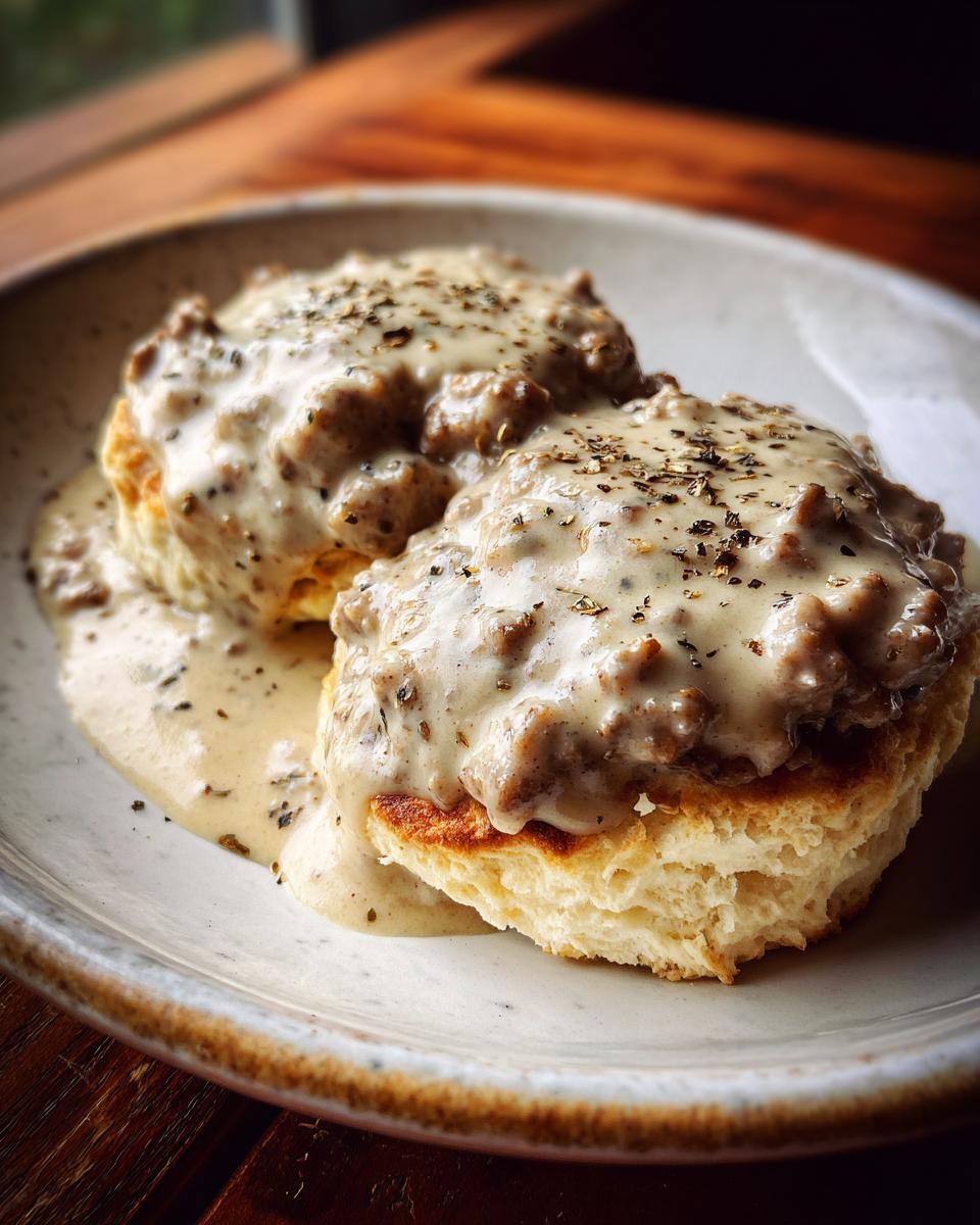 Close-up of two fluffy biscuits generously topped with creamy sausage gravy and sprinkled with herbs.