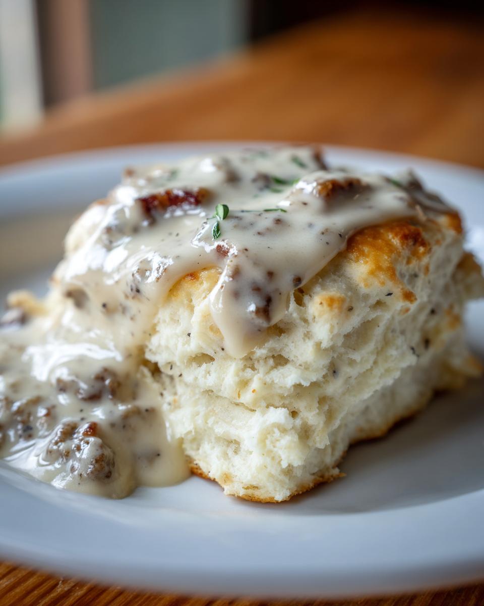 A close-up of a fluffy biscuit generously topped with creamy sausage gravy and a sprig of garnish.