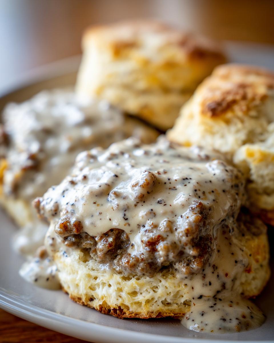 Close-up of fluffy biscuits generously topped with creamy sausage gravy, a classic Biscuits and Sausage Gravy dish.