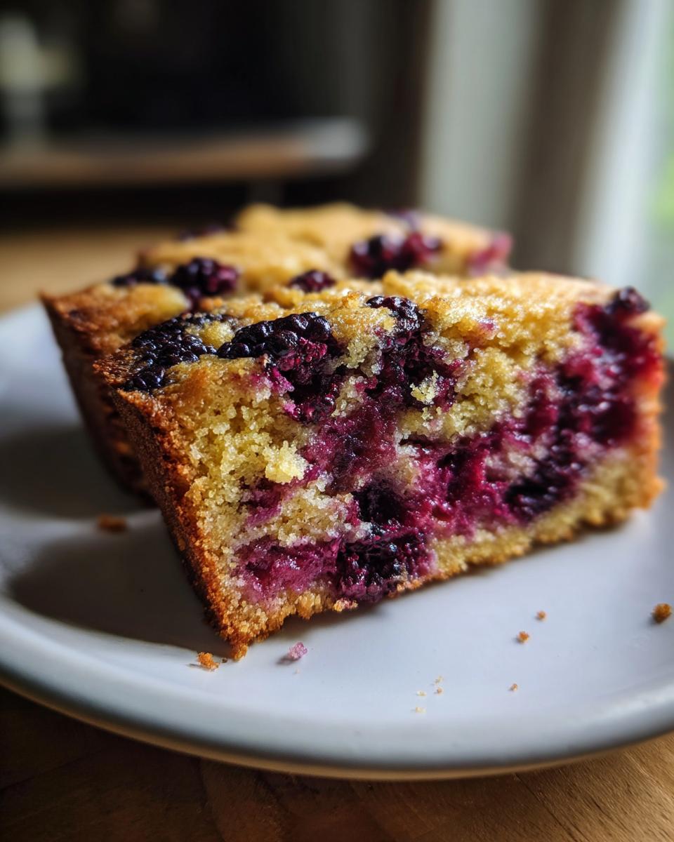 A rustic slice of Blackberry Cornmeal Cake on a white plate, showcasing juicy blackberries and golden cornmeal texture.