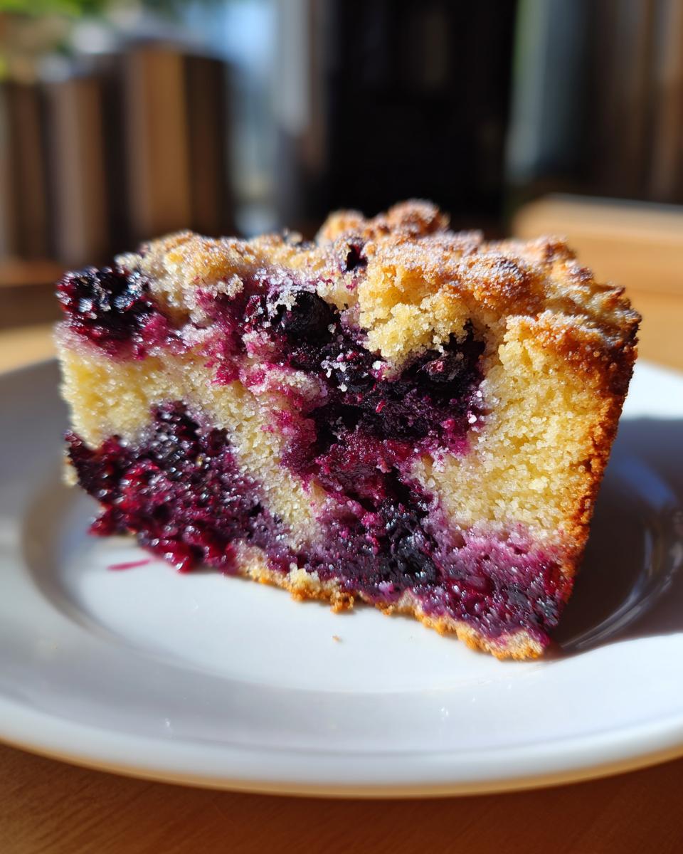 A rustic slice of Blackberry Cornmeal Cake on a white plate, showcasing juicy blackberries and crumbly topping.