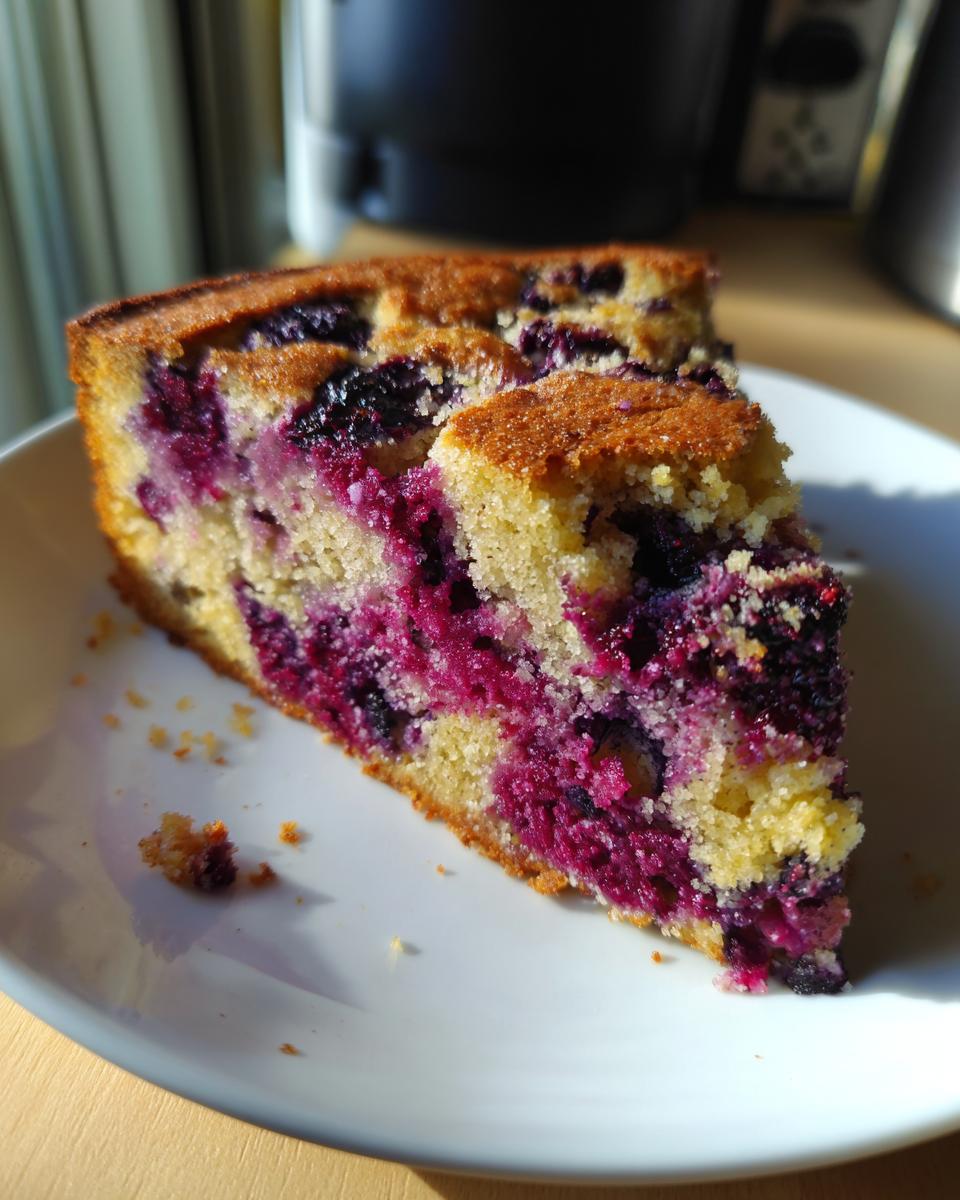 A rustic slice of Blackberry Cornmeal Cake on a white plate, showcasing vibrant purple blackberries within the golden crumb.