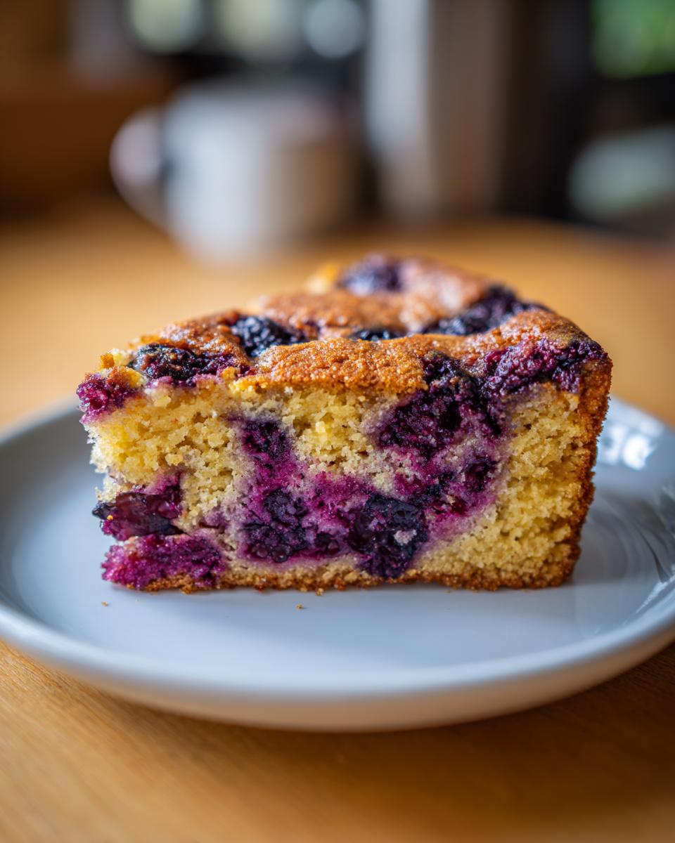 A rustic slice of Blackberry Cornmeal Cake on a plate, showcasing the golden cornmeal crumb and juicy blackberries.