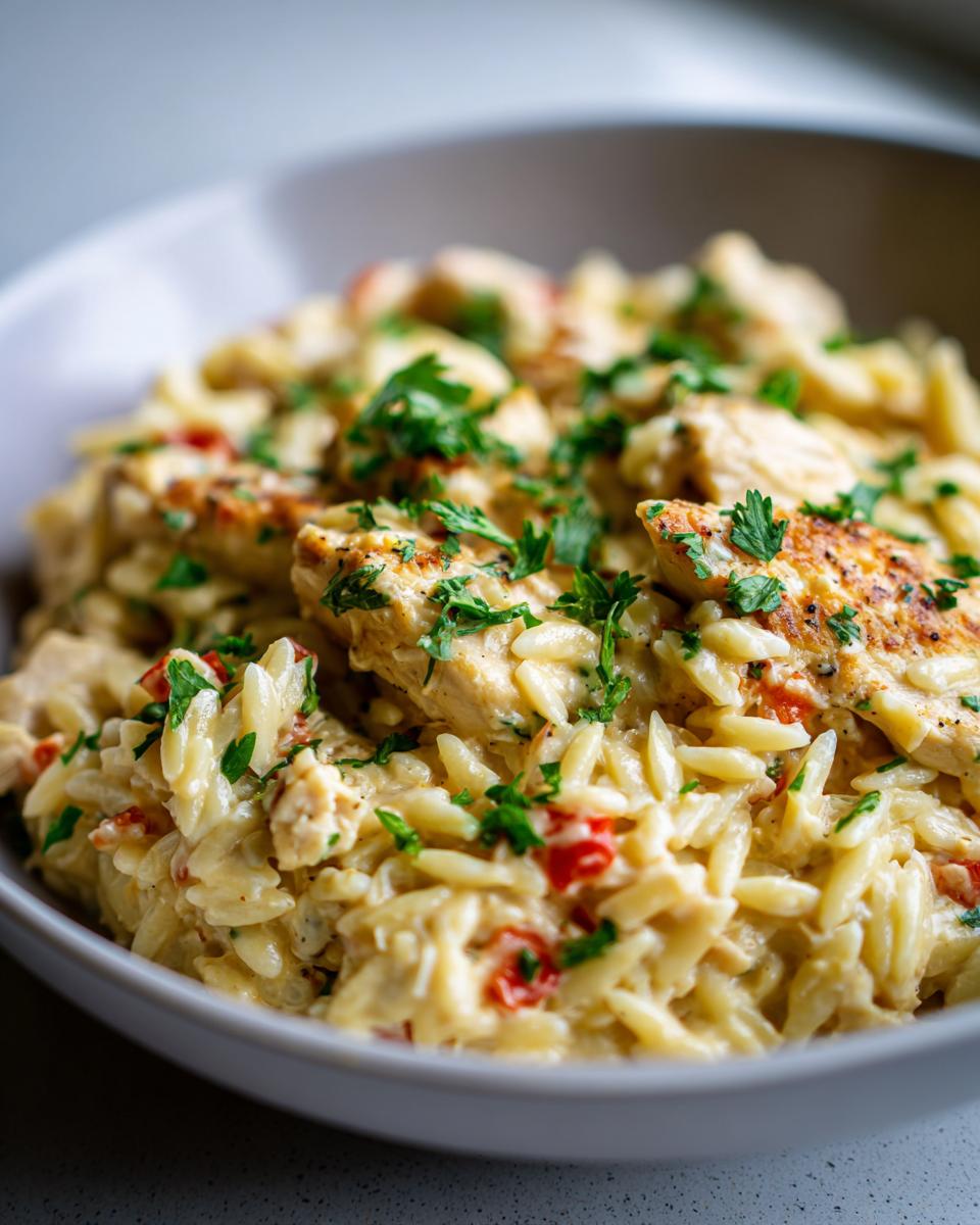 Close-up of creamy Boursin Orzo with Chicken, topped with fresh parsley.
