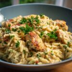 A close-up of creamy Boursin orzo with chicken pieces, garnished with fresh parsley.