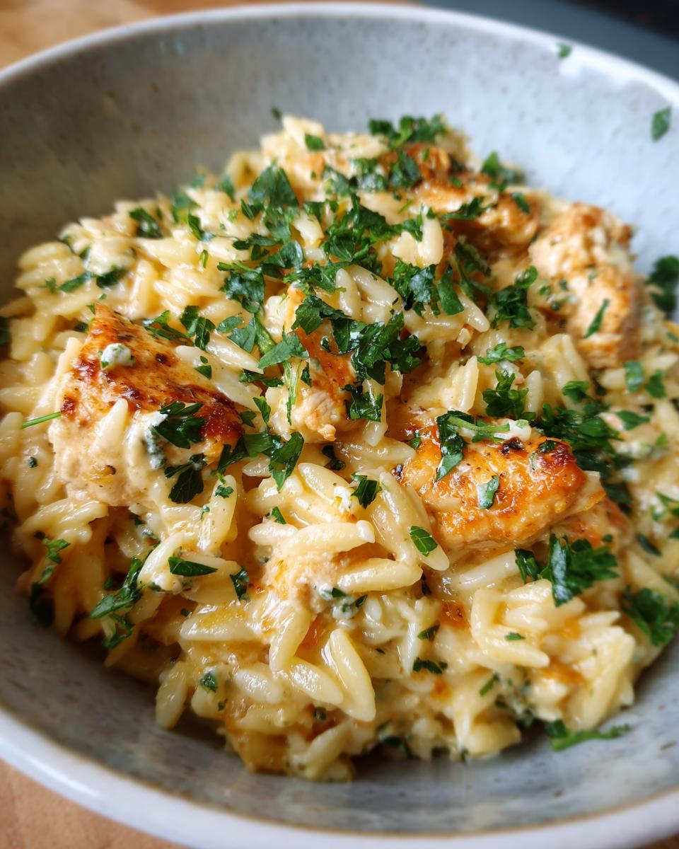 Close-up of a bowl of creamy Boursin orzo with chicken and fresh parsley.