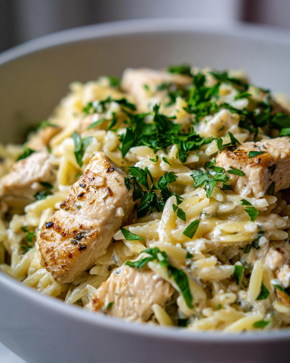 A close-up of Boursin Orzo With Chicken, topped with fresh parsley and grilled chicken pieces.