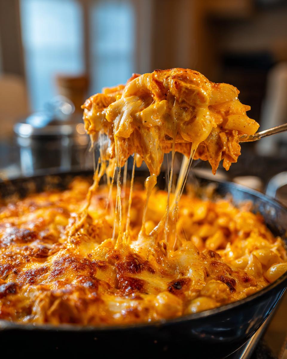 A serving spoon lifts a generous portion of gooey Buffalo Chicken Mac And Cheese, with melted cheese stretching in long strands.