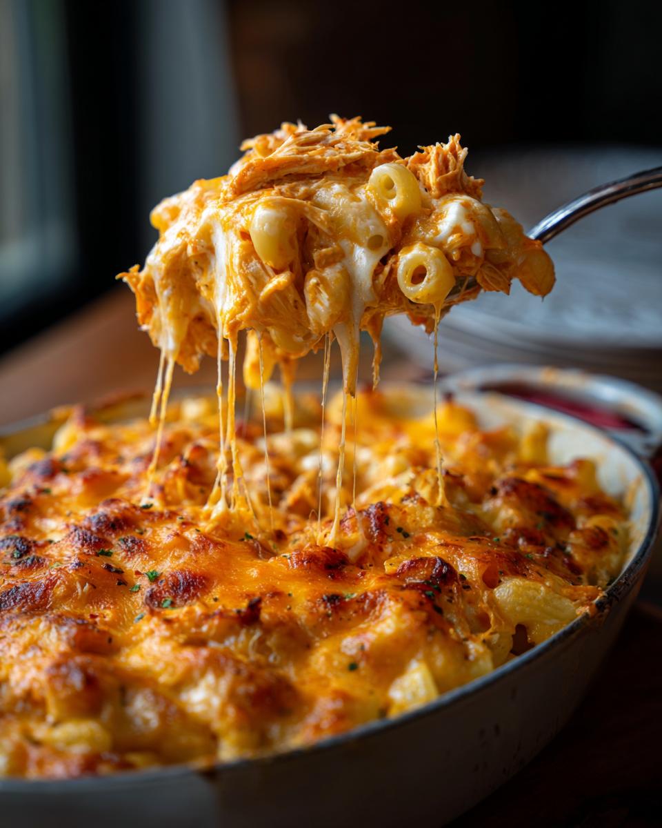 A spoonful of gooey Buffalo Chicken Mac and Cheese with melted cheese strings.