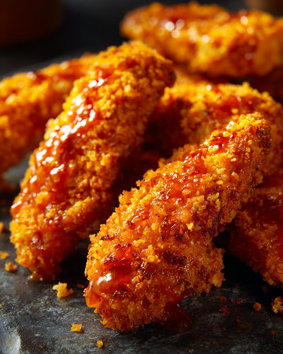 Close-up of crispy Buffalo Chicken Tenders coated in a shiny glaze, ready to be served.
