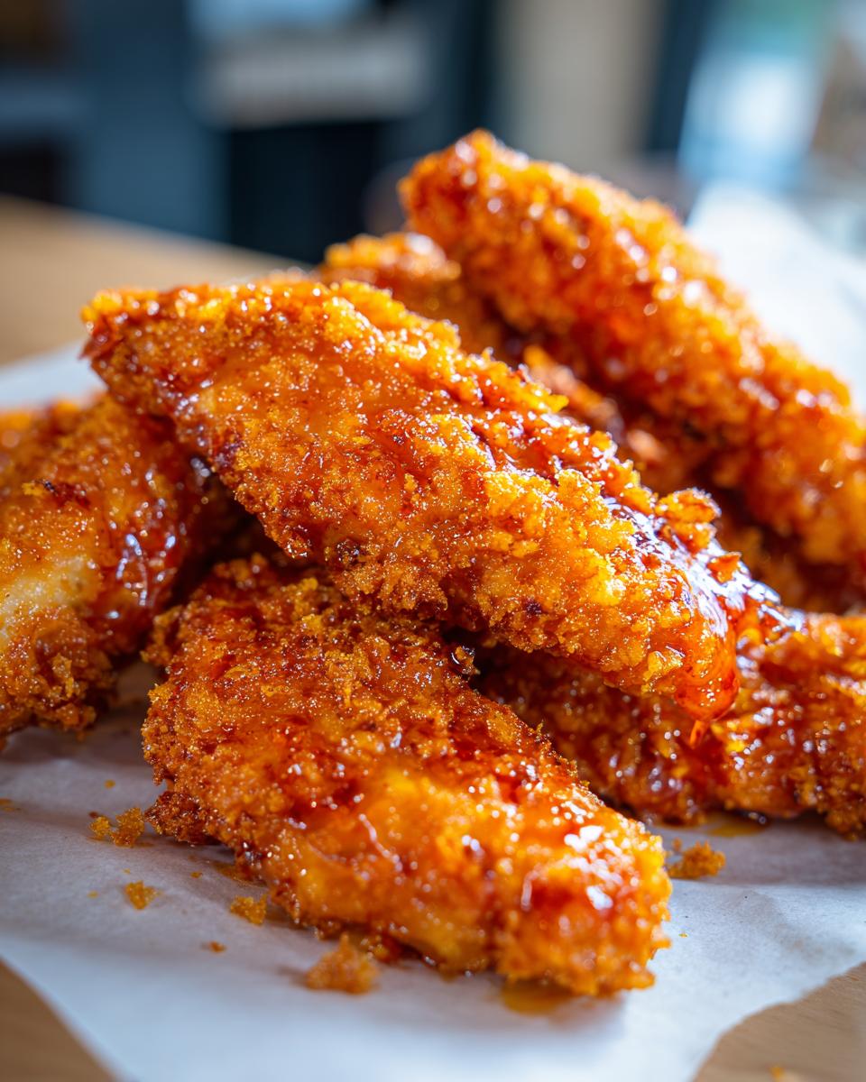 Close-up of a pile of crispy Buffalo Chicken Tenders coated in a glossy, orange glaze.
