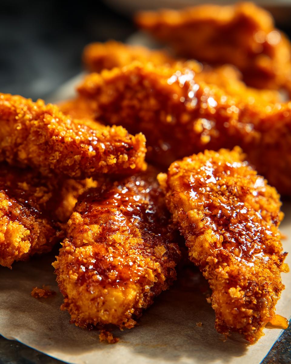 Close-up of crispy Buffalo Chicken Tenders coated in a glistening, glossy sauce.