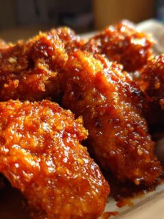 Close-up of crispy Buffalo Chicken Tenders coated in a glossy, spicy orange sauce.
