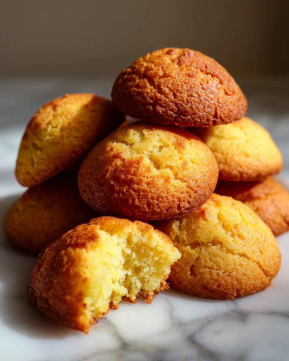 A stack of golden brown cake mix cookies, with one cookie broken in half to show its soft interior.