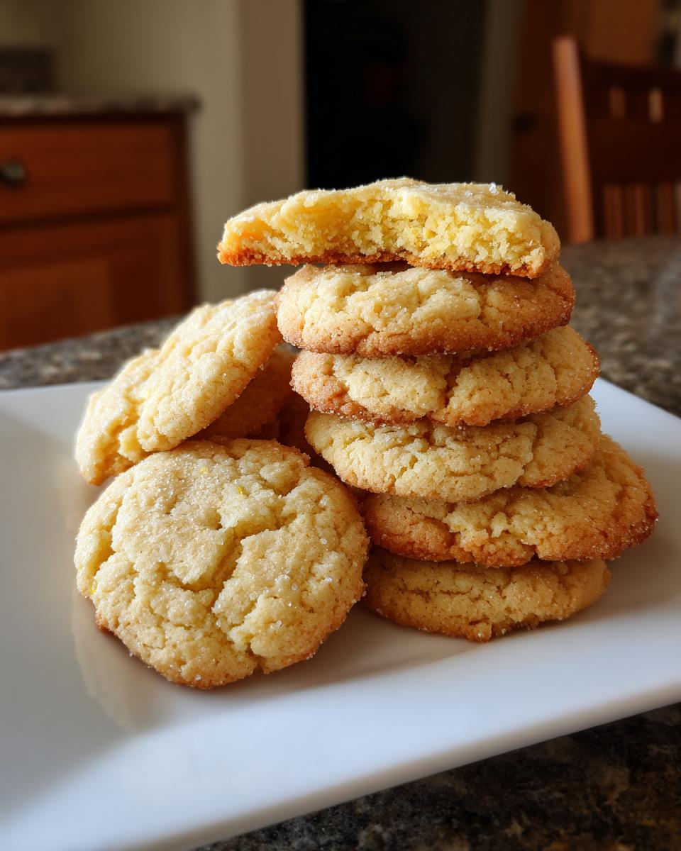 A stack of golden brown cake mix cookies, with one cookie broken in half on top.