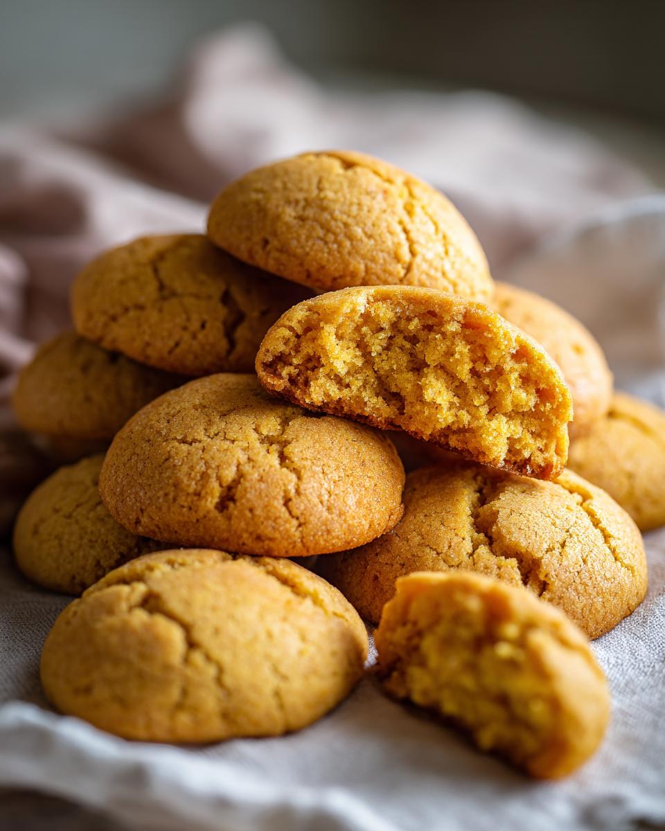 A close-up of a stack of golden brown cake mix cookies, with one cookie broken in half to show its soft interior.