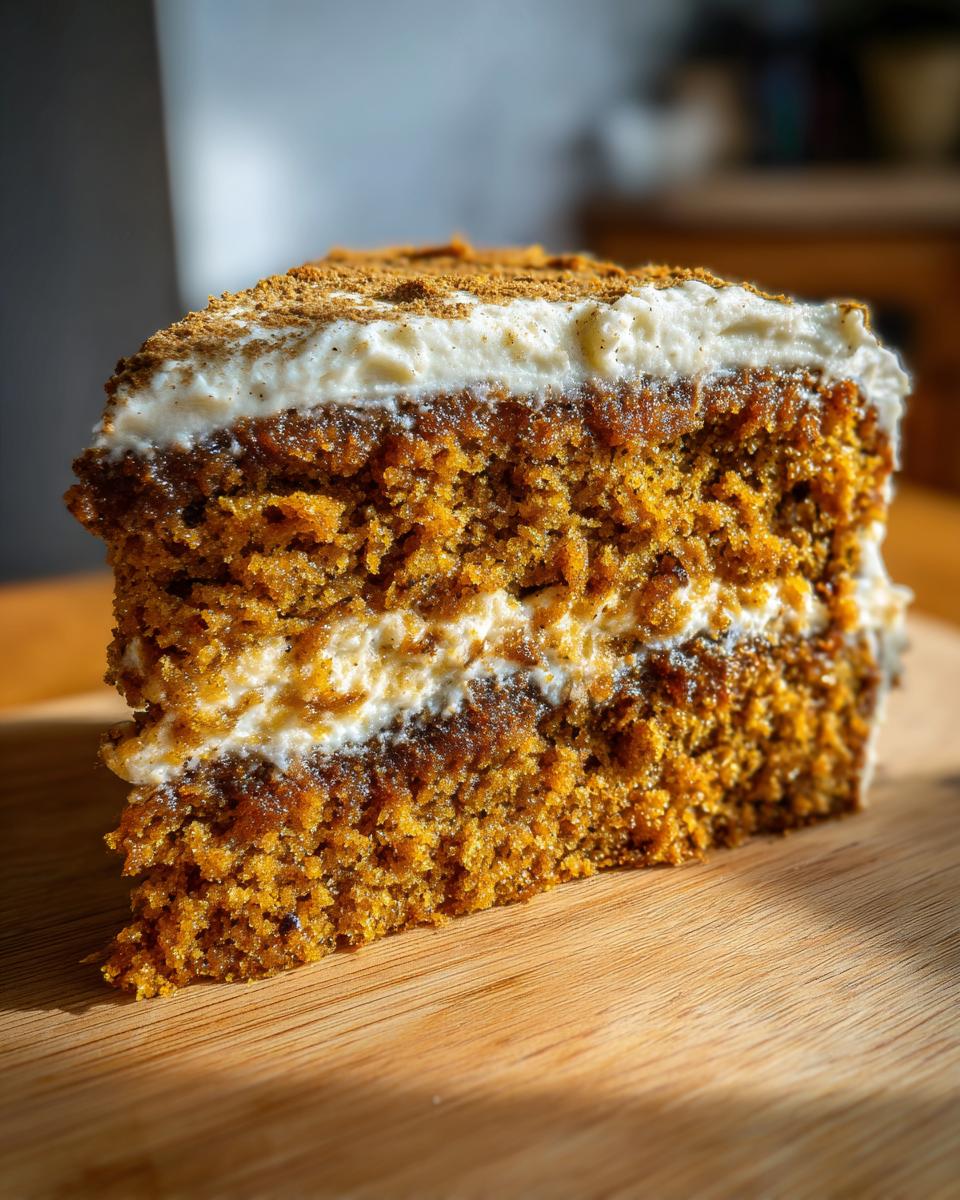 A moist slice of Chai Spice Cake with creamy frosting and a dusting of spice.
