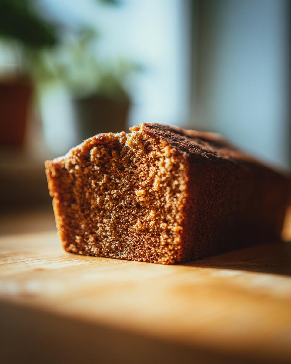 A close-up of a moist slice of Chai Spice Cake on a wooden surface, with soft light illuminating its texture.