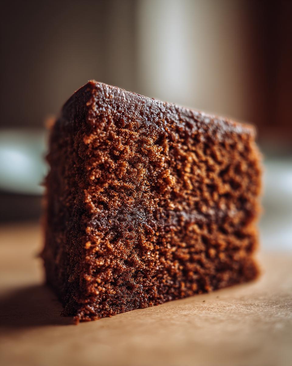 A close-up, detailed view of a moist slice of Chai Spice Cake, showcasing its rich brown crumb.
