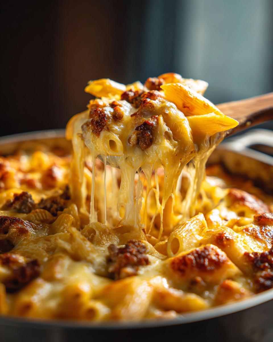 A spoonful of cheesy Cheeseburger Casserole with pasta and ground beef, showing long cheese pulls.