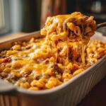 A serving spoon lifts a portion of cheesy Cheeseburger Casserole, showing melted cheese strings.