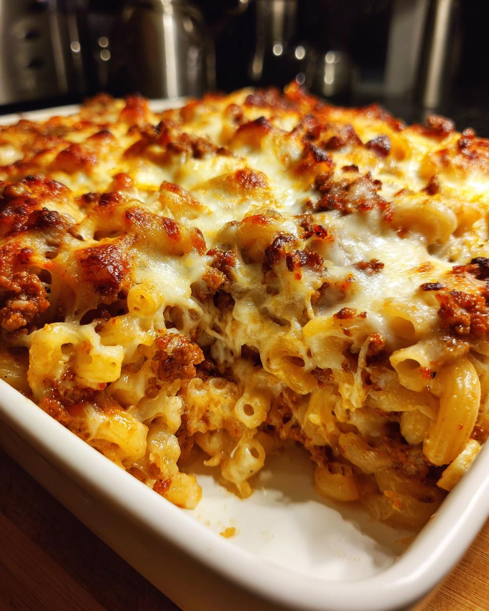 Close-up of a cheesy Cheeseburger Casserole with pasta and ground beef in a white baking dish.