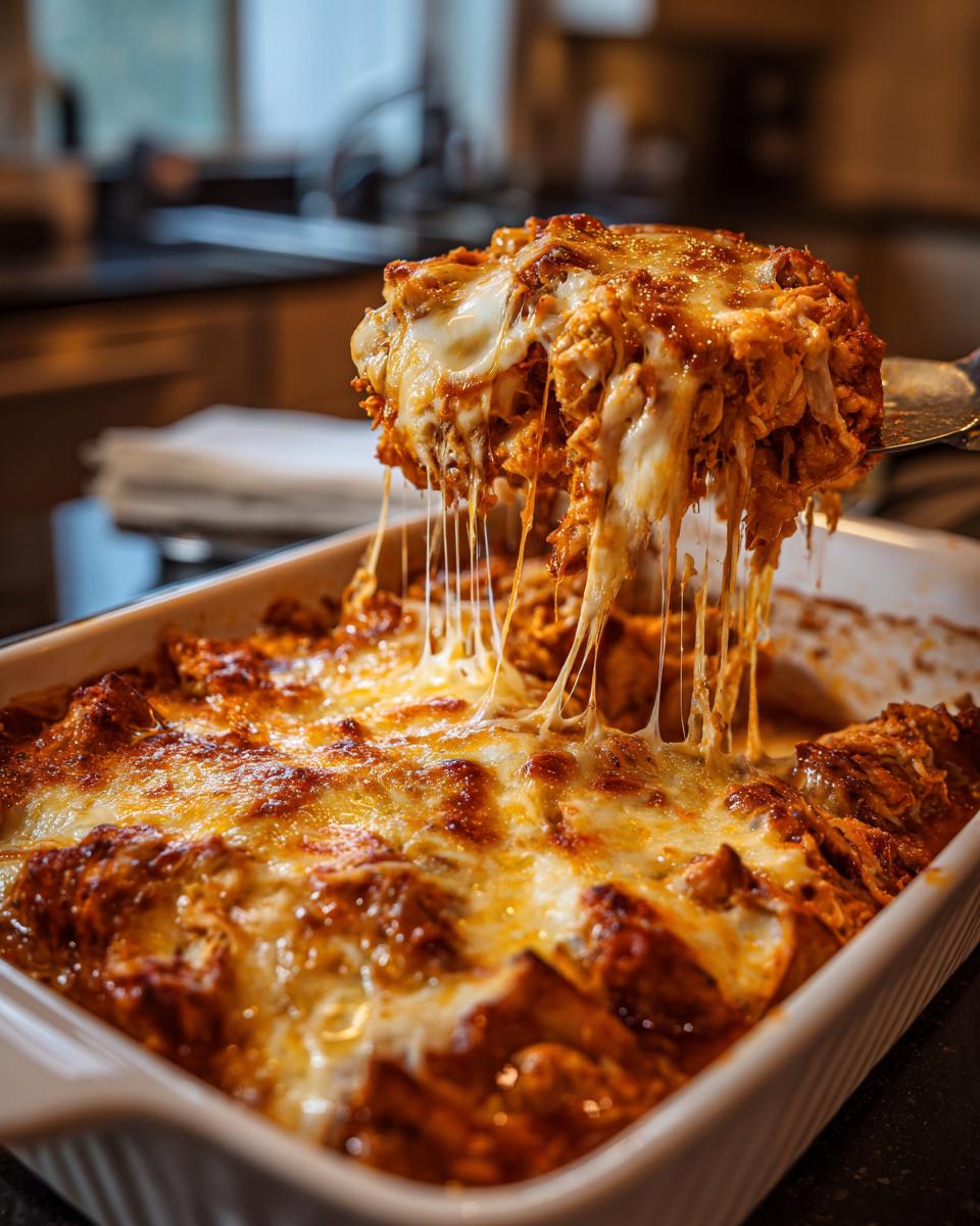 A scoop of cheesy Chicken Enchiladas being lifted from a casserole dish, with melted cheese stretching.