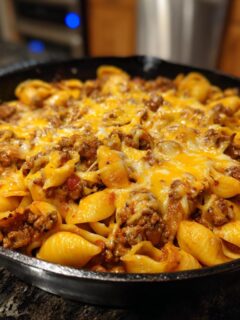 A close-up of a Cheesy Ground Beef Pasta Skillet in a cast iron pan, topped with melted cheddar cheese.
