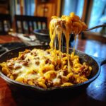 A fork lifting a generous portion of Cheesy Ground Beef Pasta Skillet, showing strings of melted cheese.